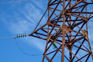 ondersteunt hoog voltage macht lijnen tegen de blauw lucht met wolken. elektrisch industrie foto