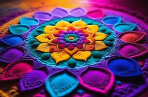 ai gegenereerd ingewikkeld holi rangoli ontwerpen gemaakt alleen met kleurrijk poeders, presentatie van de kunstenaarstalent foto