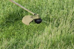 toepassing trimmers. gras maaien groen gras gebruik makend van een visvangst lijn trimmer foto