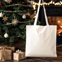 ai gegenereerd tote zak in Kerstmis tafereel, blanco mockup met Kerstmis boom foto