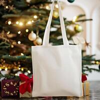 ai gegenereerd tote zak in Kerstmis tafereel, blanco mockup met Kerstmis boom foto