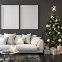 ai gegenereerd blanco canvas magie, Kerstmis leven kamer mockup met leeg wit kaders foto