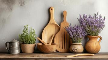 ai gegenereerd natuurlijk hout Koken gereedschap en lavendel potten groot copyspace Oppervlakte, buiten het centrum samenstelling foto