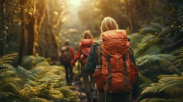 ai gegenereerd vrolijk avonturiers trektocht door dicht bossen, ontmoeting met dieren in het wild en ongerept natuurlijk schoonheid. foto