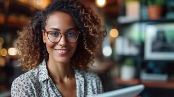 ai gegenereerd een gelukkig jong zakenvrouw Bij werk. gebruik makend van een digitaal tablet en staren Bij de camera foto