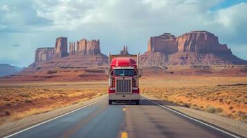ai gegenereerd een groot rood eenzaam vrachtauto schijven langs de weg door de eindeloos Amerikaans woestijn foto