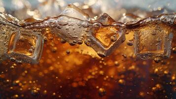 ai gegenereerd ijs kubussen gerinkel in een koolzuurhoudend drankje, creëren rimpelingen van genot in een glas foto