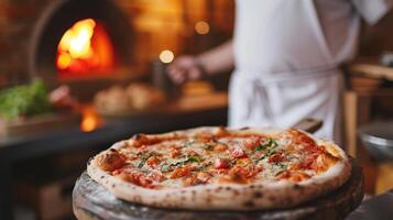 ai gegenereerd een charmant Italiaans trattoria portie dunne korst Napolitaans pizza's Rechtdoor van de houtgestookt oven foto