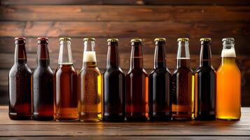 ai gegenereerd een verzameling van ambacht bier flessen presentatie van een breed reeks van bier stijlen en smaken foto