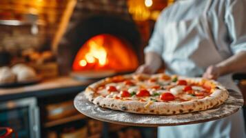 ai gegenereerd een charmant Italiaans trattoria portie dunne korst Napolitaans pizza's Rechtdoor van de houtgestookt oven foto