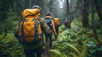 ai gegenereerd vrolijk avonturiers trektocht door dicht bossen, ontmoeting met dieren in het wild foto