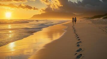 ai gegenereerd een paar wandelen hand- in hand- langs een rustig strand Bij zonsondergang, weggaan voetafdrukken in de zand foto