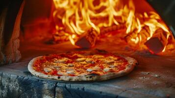 ai gegenereerd een rustiek houtgestookt pizza oven, vlammen dansen in de omgeving van een vers gebakken pizza foto