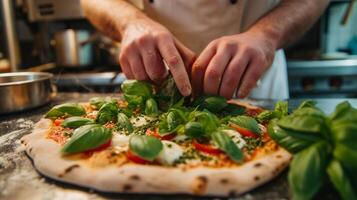 ai gegenereerd een chef-kok handen kunstzinnig regelen van vers basilicum bladeren Aan een caprese pizza foto