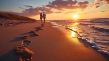 ai gegenereerd een paar wandelen hand- in hand- langs een rustig strand Bij zonsondergang, weggaan voetafdrukken in de zand foto