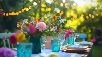 ai gegenereerd een pittoreske tuin partij met kleurrijk tafel instellingen, bloemen, en fee lichten foto