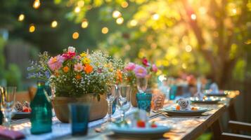 ai gegenereerd een pittoreske tuin partij met kleurrijk tafel instellingen, bloemen, en fee lichten foto