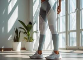 ai gegenereerd een gezond vrouw vervelend sport- leggings en wit t overhemden foto