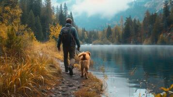 ai gegenereerd een Mens en zijn hond verkennen een rustig oever van het meer pad, de hond opgewonden leidend de manier foto