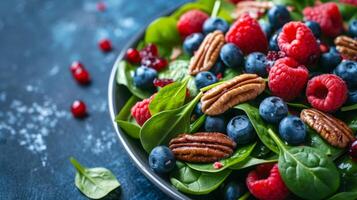 ai gegenereerd een voortreffelijk spinazie en BES salade versierd met bosbessen, frambozen, en geglaceerd pecannoten foto