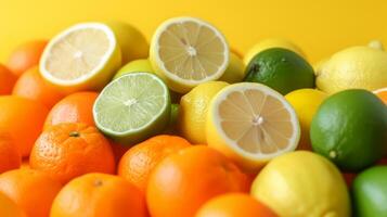 ai gegenereerd een kleurrijk medley van citroenen, limoenen, en sinaasappels geregeld in een harmonisch Scherm foto