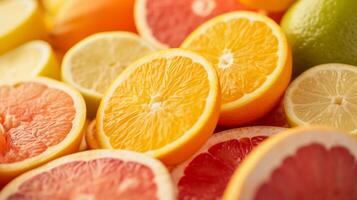 ai gegenereerd een mengen van citrus fruit opgestapeld hoog, creëren een visueel aantrekkelijk en smakelijk samenstelling foto