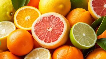 ai gegenereerd een mengen van citrus fruit opgestapeld hoog, creëren een visueel aantrekkelijk en smakelijk samenstelling foto