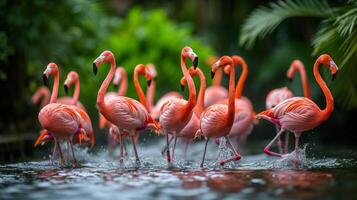 ai gegenereerd een kudde van flamingo's creëert een betoverend dans, hun lang nekken sierlijk gebogen foto