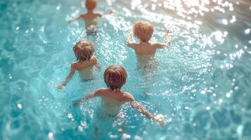 ai gegenereerd kinderen spelen blij in een sprankelend, azuur zwemmen zwembad Aan een verzengende zomer dag foto