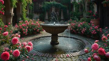 ai gegenereerd een geplaveide binnenplaats is vereerd door een gebeeldhouwd fontein en levendig roze rozen in vol bloeien foto