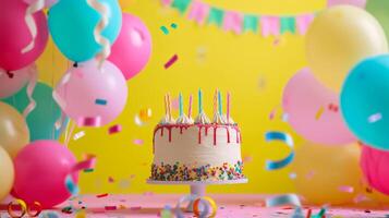 ai gegenereerd een levendig en kleurrijk verjaardag partij instelling met ballonnen, wimpels, en een feestelijk taart foto
