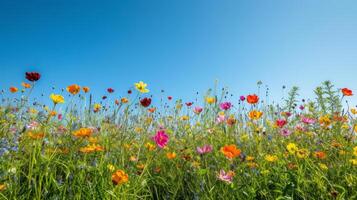 ai gegenereerd een levendig weide stippel met wilde bloemen tegen een Doorzichtig blauw lucht viert de aankomst van voorjaar foto