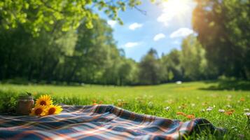 ai gegenereerd een vrolijk, geruit picknick deken onder de zon creëert een uitnodigend zomer tafereel foto