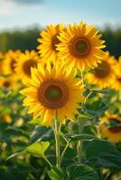 ai gegenereerd zonnebloemen staand hoog, hun gouden gezichten in aansluiting op de zon pad aan de overkant de lucht foto