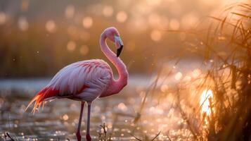 ai gegenereerd een eenzaam flamingo staat hoog temidden van een sereen, zonovergoten wetland foto