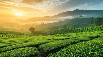 ai gegenereerd een thee plantage Bij zonsopkomst, met netjes rijen van thee struiken uitrekken naar de horizon foto