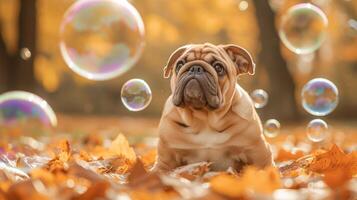 ai gegenereerd bulldog achtervolgen bubbels in herfst park foto