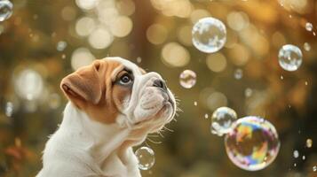 ai gegenereerd bulldog achtervolgen bubbels in herfst park foto