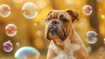 ai gegenereerd bulldog achtervolgen bubbels in herfst park foto