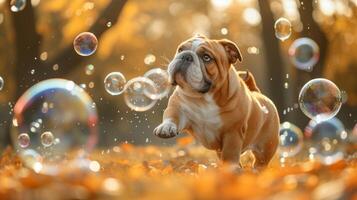 ai gegenereerd bulldog achtervolgen bubbels in herfst park foto