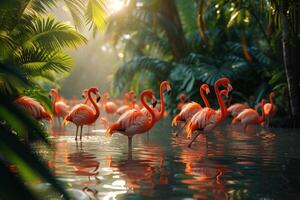 ai gegenereerd een groep van flamingo's komt samen in een weelderig, tropisch lagune, een barsten van roze tegen groen foto