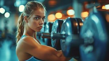 ai gegenereerd atletisch Mens hijs- barbell in Sportschool foto