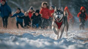 ai gegenereerd blij schor hond leidend speels kinderen in sneeuw foto