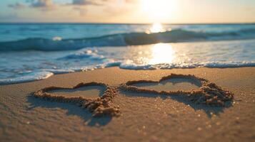 ai gegenereerd de koppel initialen geëtst in de zand, symboliseert hun liefde in een strand bruiloft. groot copyspace Oppervlakte foto