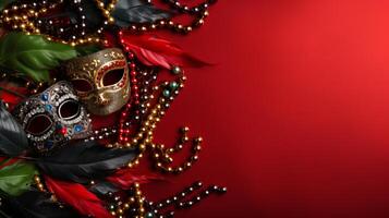 ai gegenereerd luxueus mardi gras masker met elegant veren en parels foto