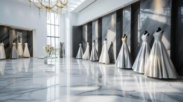 ai gegenereerd minimalistische luxe toonzaal met haute couture jurken foto