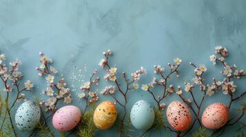 ai gegenereerd feestelijk Pasen kader met decoratief eieren en voorjaar bloemen foto