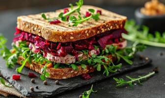 ai gegenereerd biet salade belegd broodje met zwart peper foto