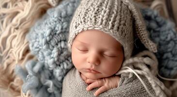 ai gegenereerd pasgeboren baby jongen slapen in deken met bears foto