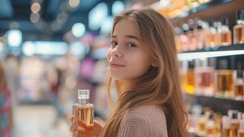 ai gegenereerd jong mooi meisje sprays haarzelf van een fles van parfum in een parfum op te slaan foto